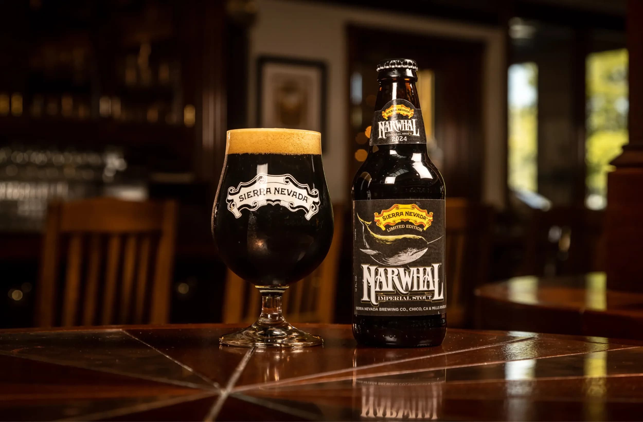 Narwhal Imperial Stout beer bottle and glass